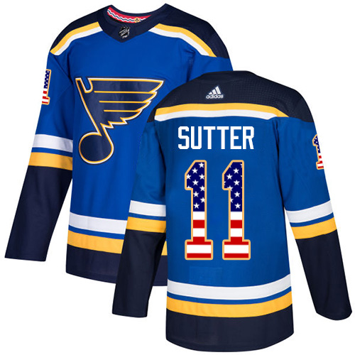 Adidas Blues #11 Brian Sutter Blue Home Authentic USA Flag Stitched NHL Jersey - Click Image to Close